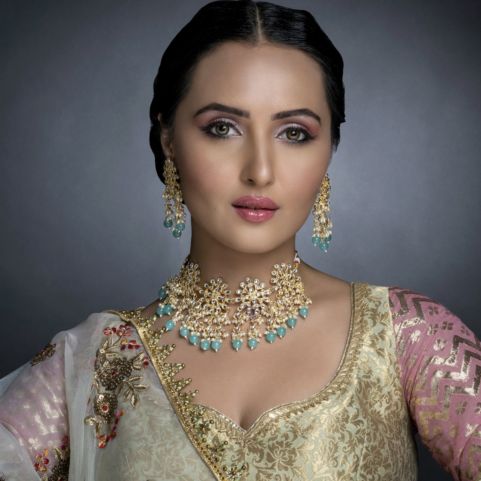 Sukkhi Pleasing Kundan Gold Plated Pearl Choker Necklace Set Worn By Karisma Kapoor