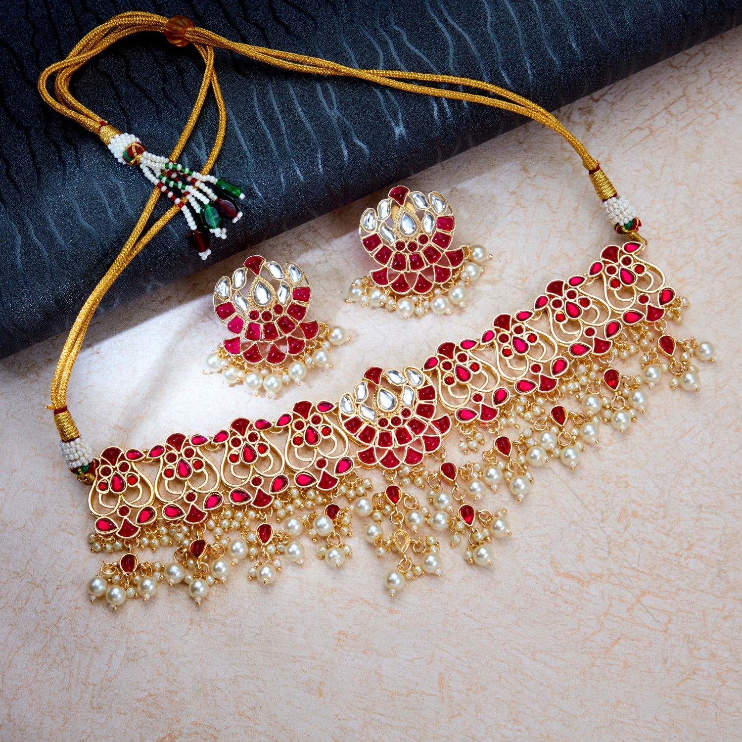 Sukkhi Fascinating Gold Plated Pearl Choker Necklace Set Worn By Karisma Kapoor