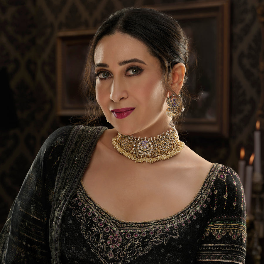 Sukkhi Stylish Gold Plated Kundan & Pearl Choker Necklace Set Worn By Karisma Kapoor