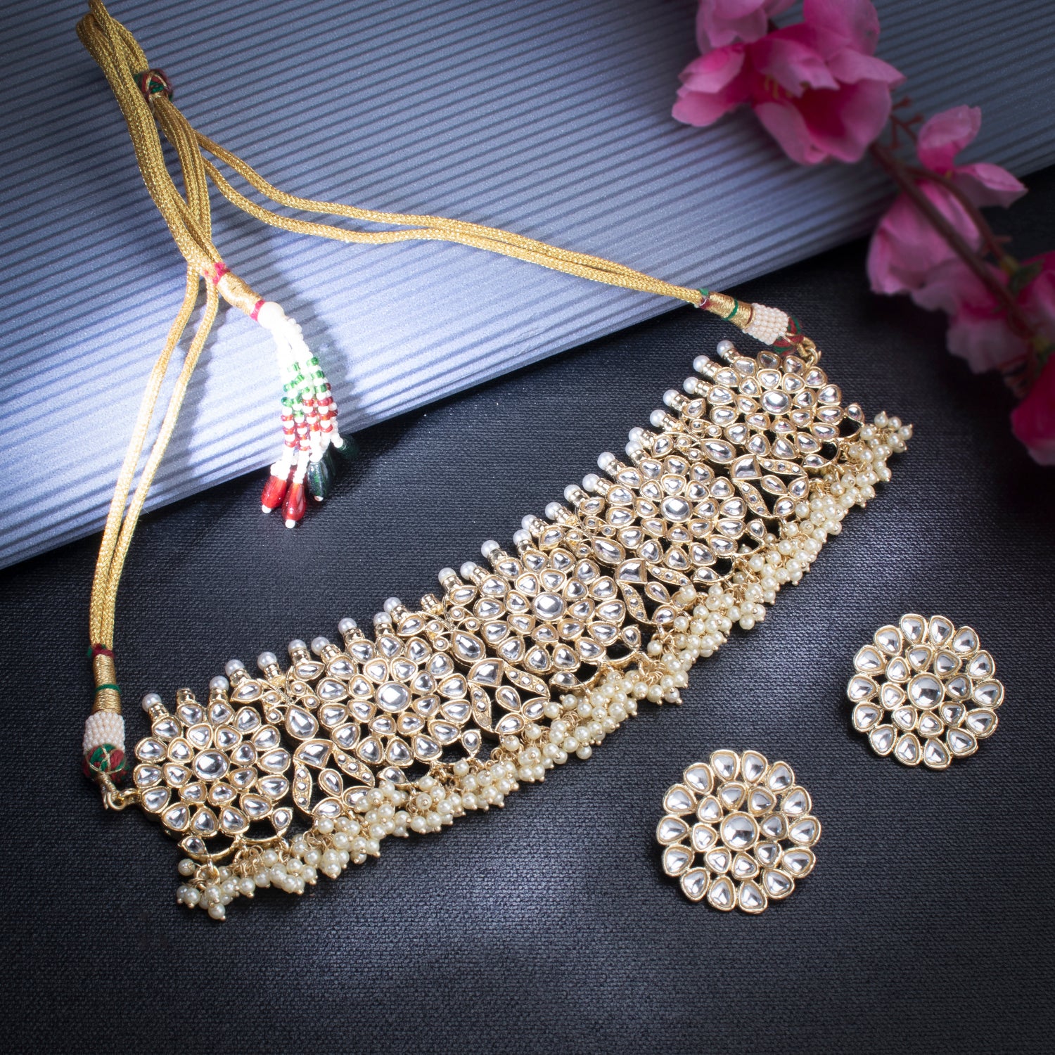 Sukkhi Stylish Gold Plated Kundan & Pearl Choker Necklace Set Worn By Karisma Kapoor