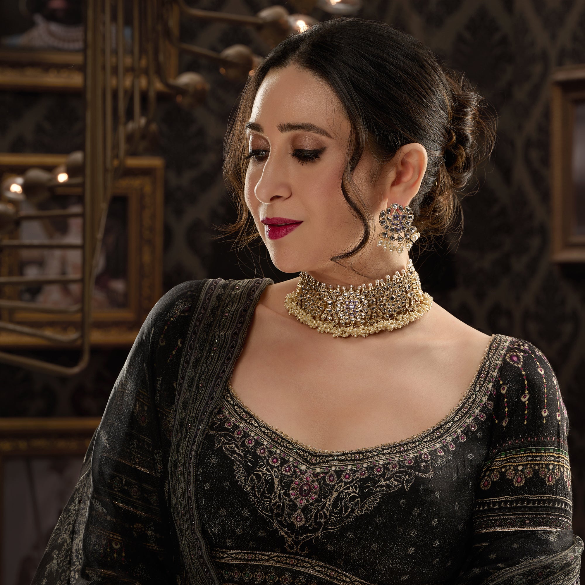 Sukkhi Stylish Gold Plated Kundan & Pearl Choker Necklace Set Worn By Karisma Kapoor