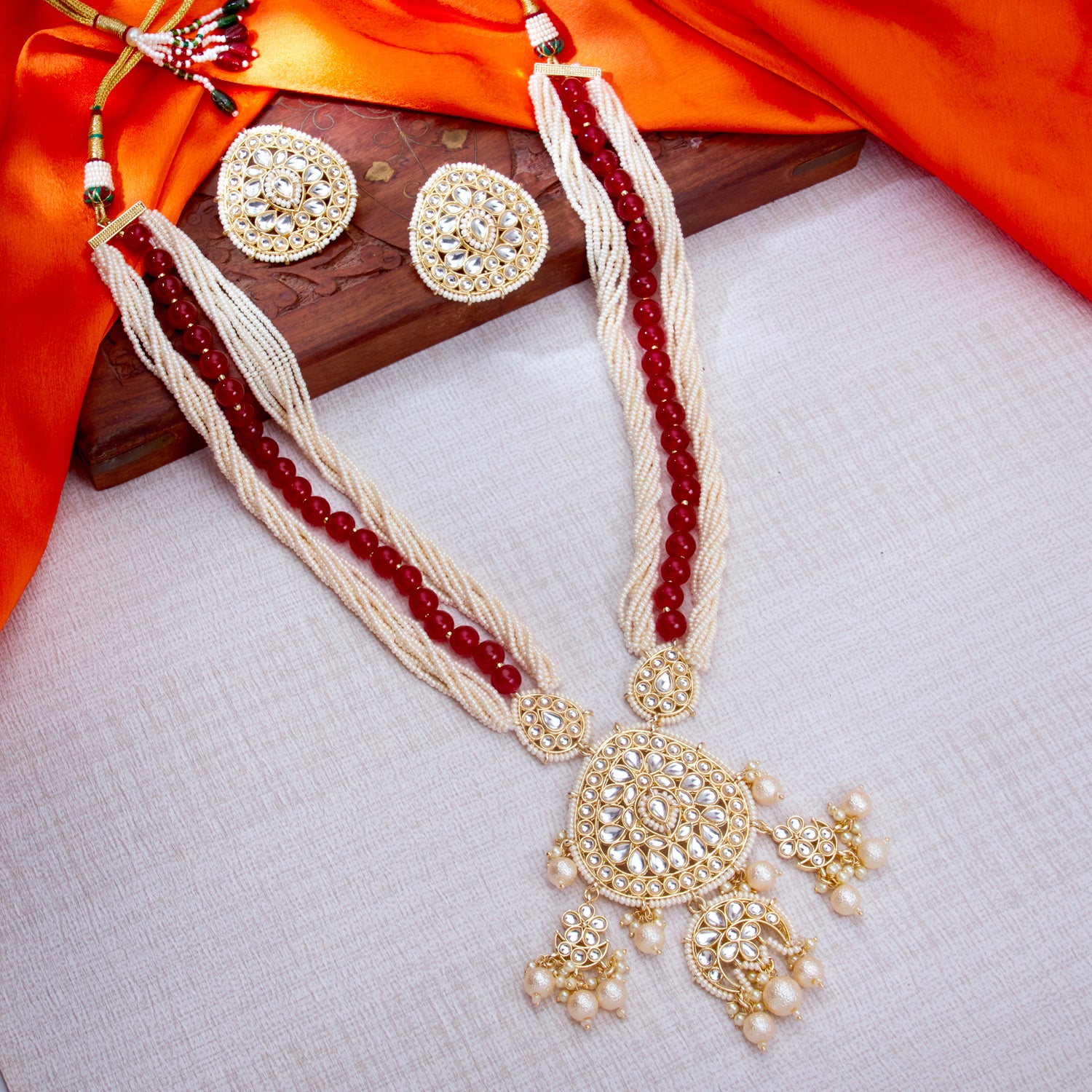 Sukkhi Excellent Kundan Gold Plated Pearl Long Haram Necklace Set Worn By Karisma Kapoor