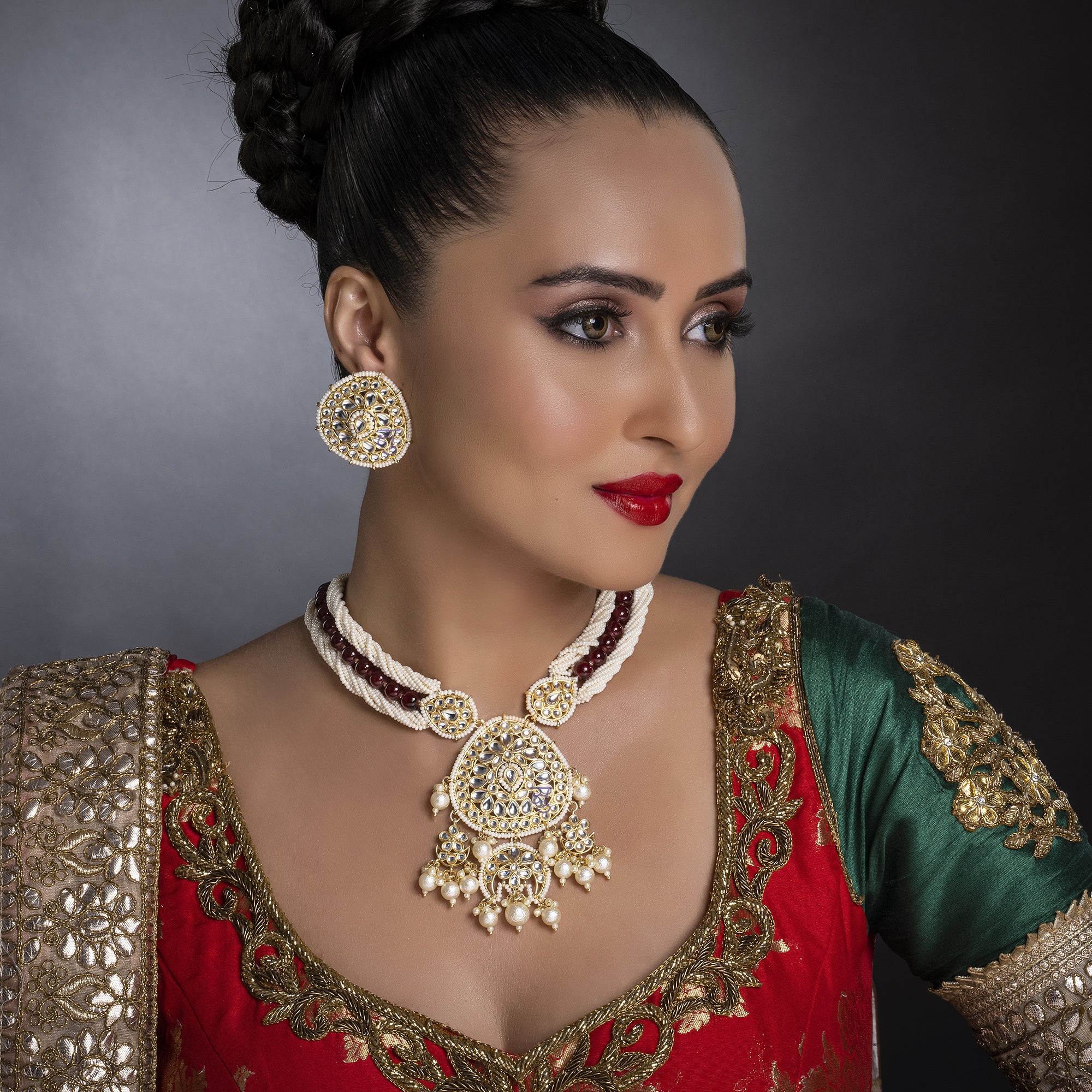 Sukkhi Excellent Kundan Gold Plated Pearl Long Haram Necklace Set Worn By Karisma Kapoor