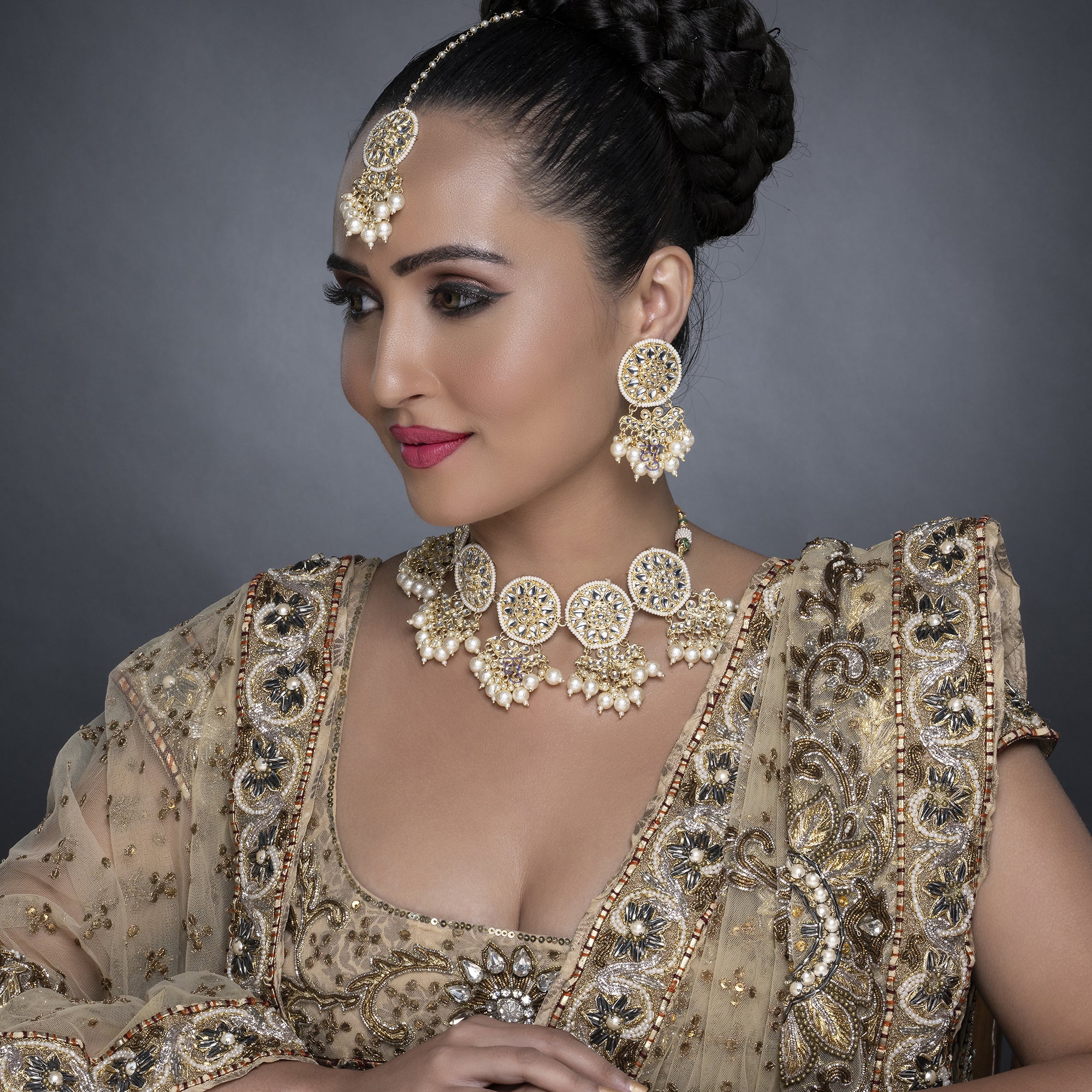 Sukkhi Marquise Gold Plated Kundan & Pearl Choker Necklace Set Worn By Karisma Kapoor