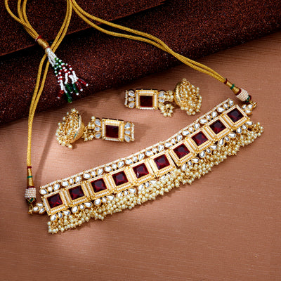 Sukkhi Dazzling Pearl Gold Plated Kundan Choker Necklace Set Worn By Karisma Kapoor