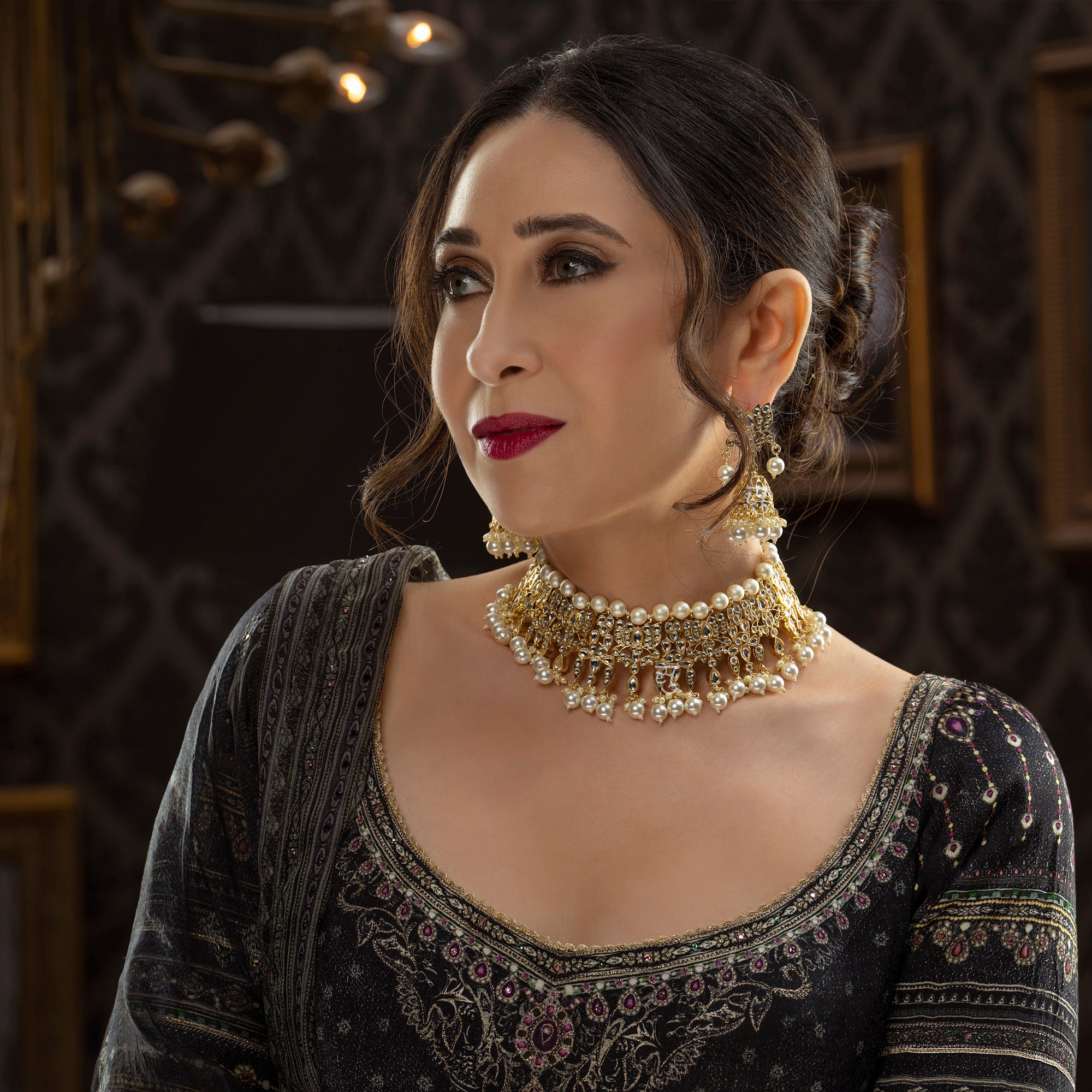 Sukkhi Elegant Kundan Gold Plated Pearl Choker Necklace Set Worn By Karisma Kapoor