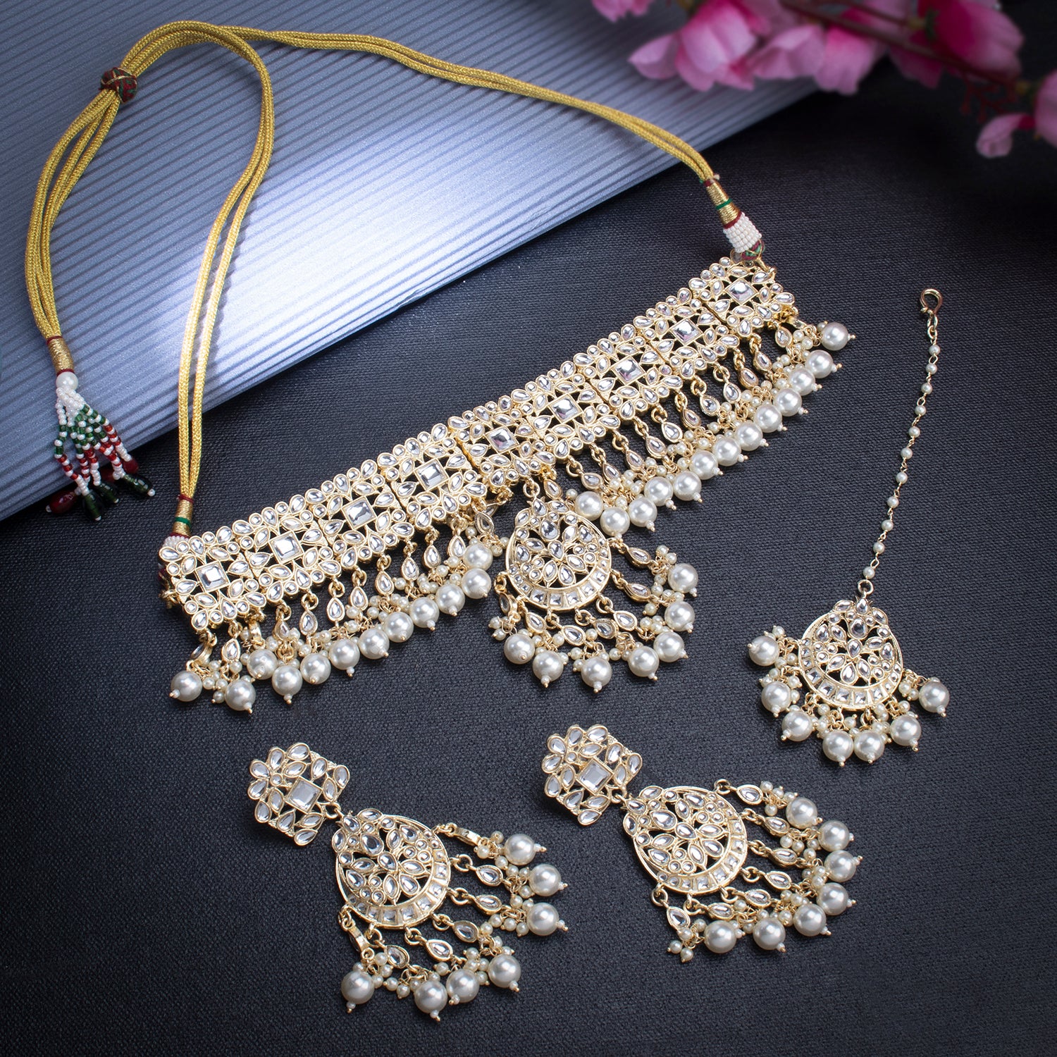 Sukkhi Exclusive Gold Plated Kundan & Pearl Choker Necklace Set Worn By Karisma Kapoor