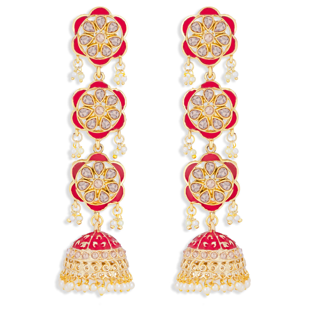 Sukkhi Dazzling Pearl Gold Plated Floral Meenakari Chandelier Earring for Women