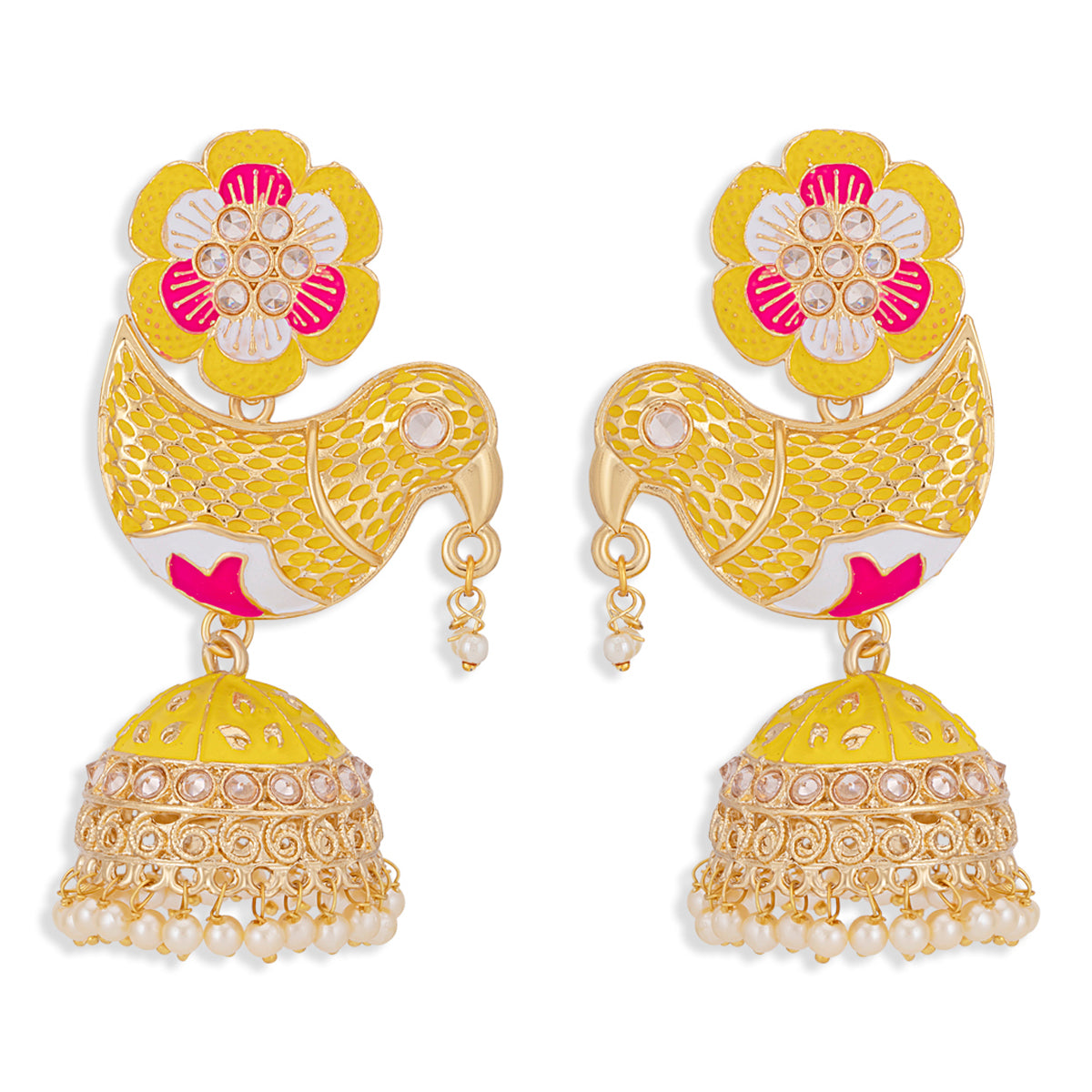 Sukkhi Lovely Gold Plated Sparrow Floral Meenakari Jhumki Earring for Women