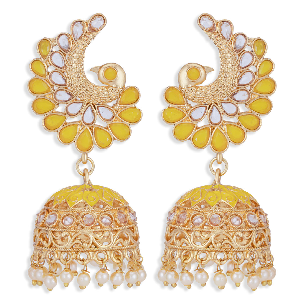 Sukkhi Traditional Pearl Gold Plated Peacock Meenakari Jhumki Earring for Women