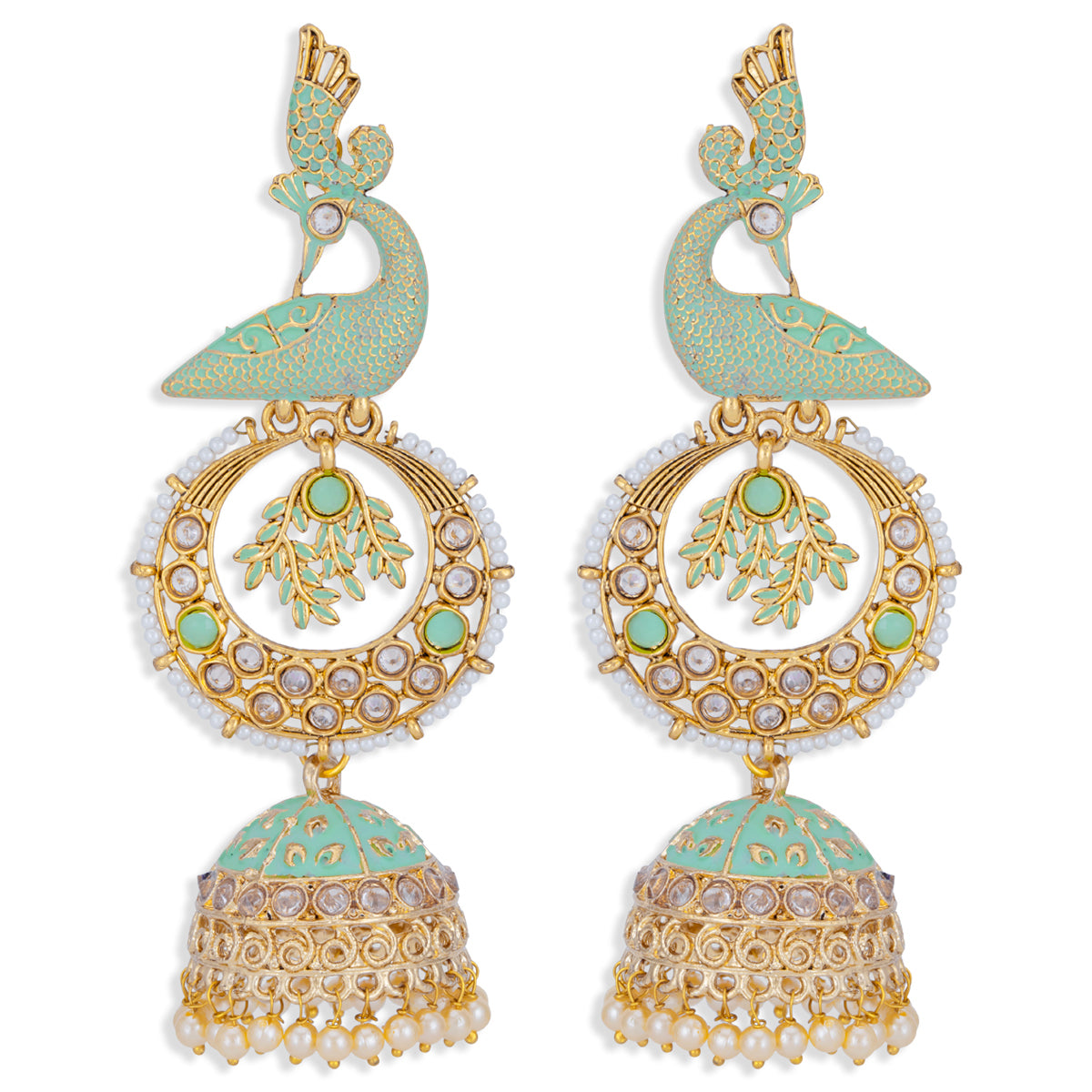 Sukkhi Glorious Pearl Gold Plated Peacock Meenakari Jhumki Earring for Women