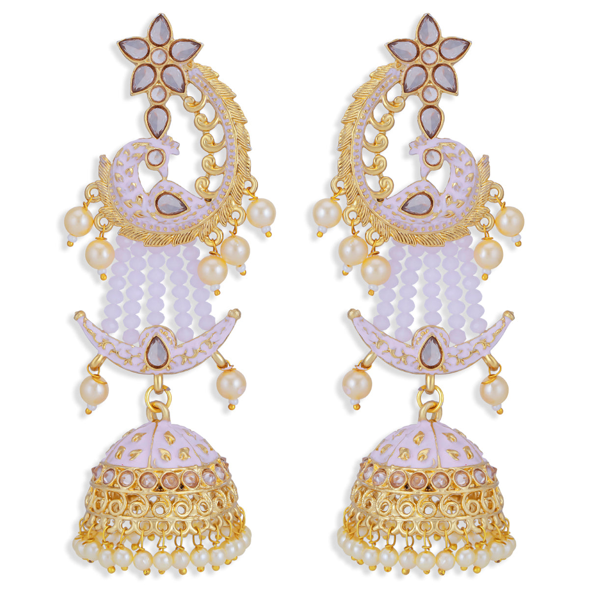 Sukkhi Eye Catchy Pearl Gold Plated Kundan Peacock Meenakari Jhumki Earring for Women