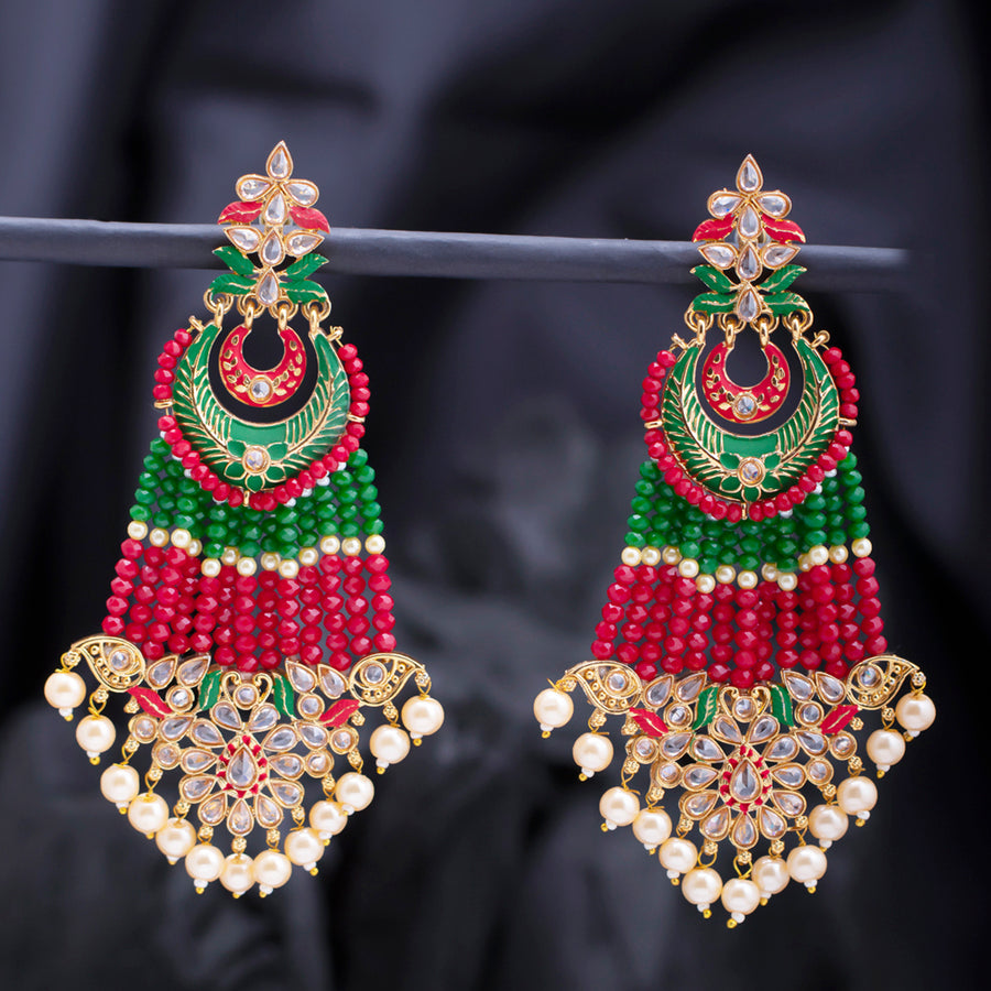 Sukkhi Dazzling Pearl Gold Plated Kundan Meenakari Chandelier Earring for Women