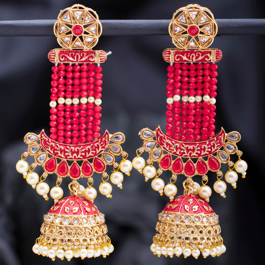 Sukkhi Sparkling Pearl Gold Plated Kundan Meenakari Jhumki Earring for Women