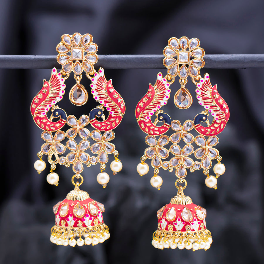 Sukkhi Incrediable Pearl Gold Plated Peacock Meenakari Jhumki Earring for Women (SKR85758)