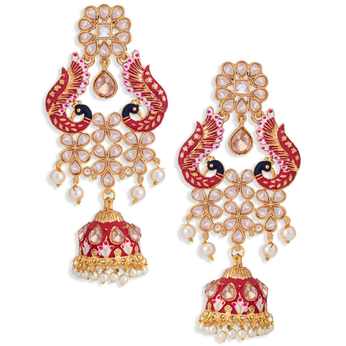 Sukkhi Incrediable Pearl Gold Plated Peacock Meenakari Jhumki Earring for Women (SKR85758)