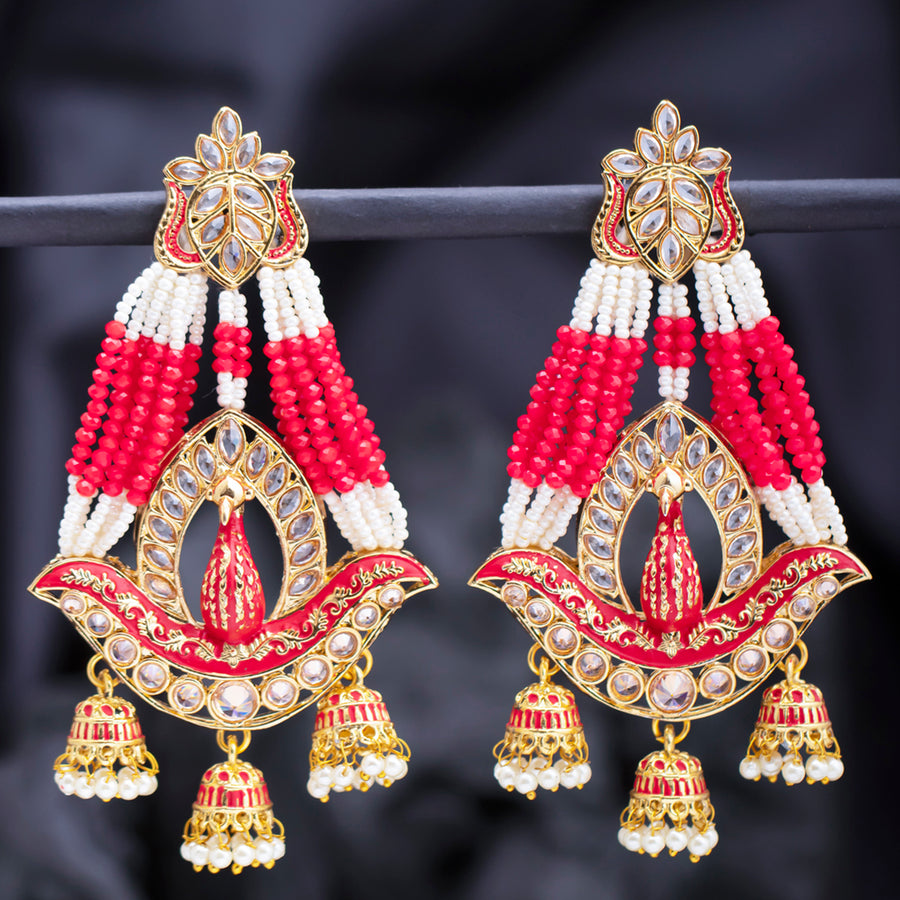 Sukkhi Marvelous Pearl Gold Plated Peacock Meenakari Jhumki Earring for Women