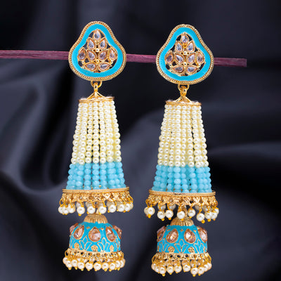 Sukkhi Pleasing Pearl Gold Plated Kundan Meenakari Jhumki Earring for Women