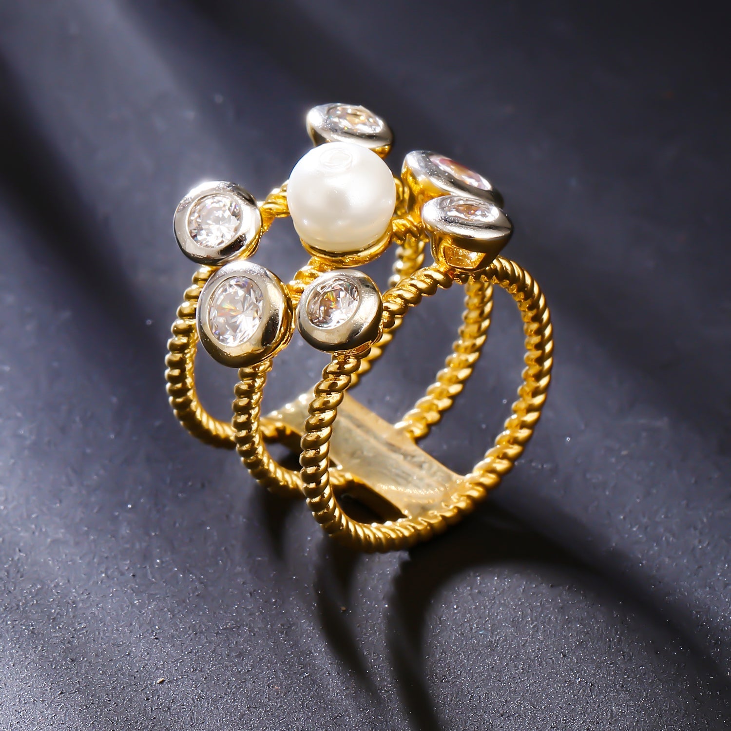 22k Designer Antique Pearl Ring - RiLp11668 - 22K gold ring with Natural  Pearls studded with floral design and Cz stones studded together in two t