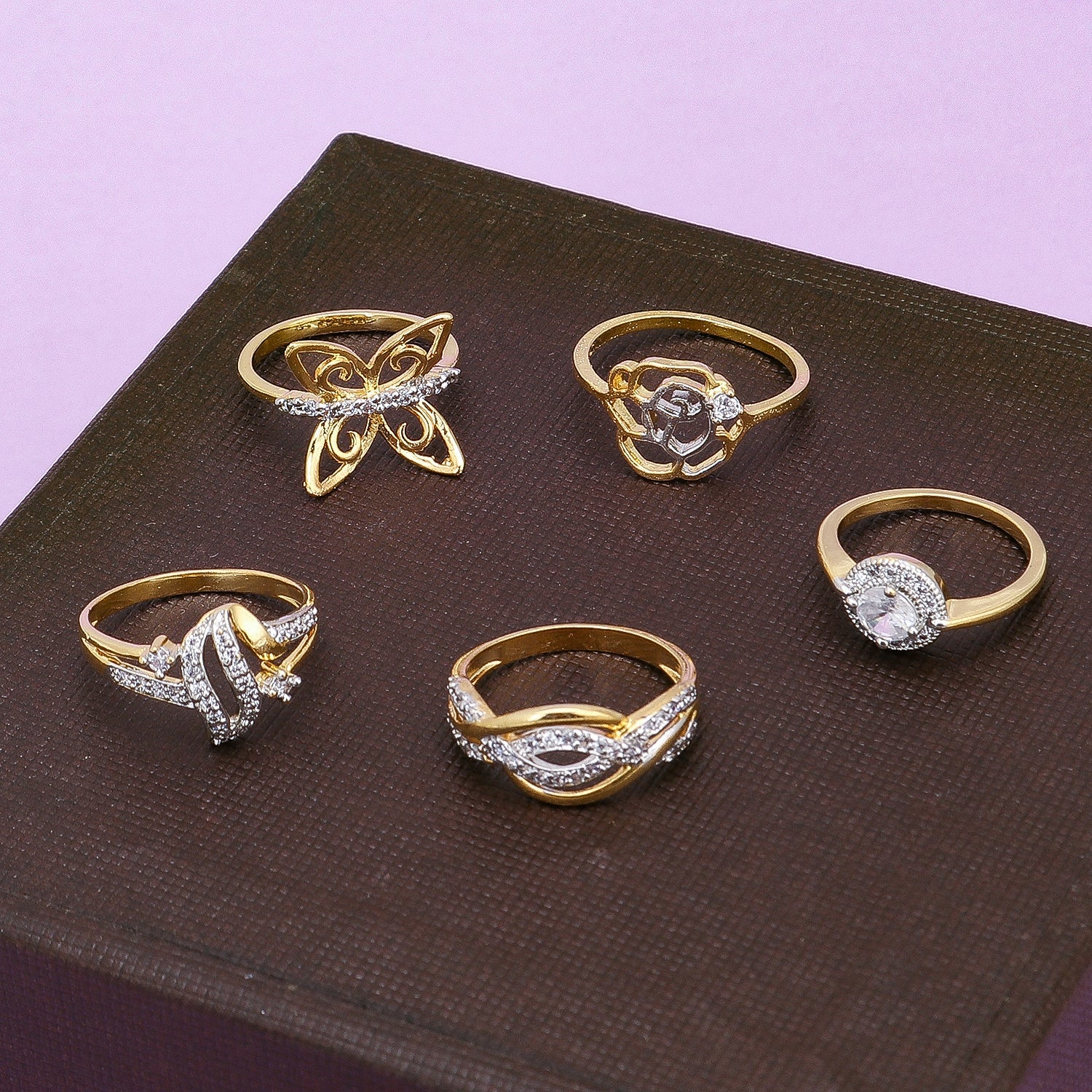 Sukkhi Amazing 5 Combo Gold Plated CZ Ring for Women