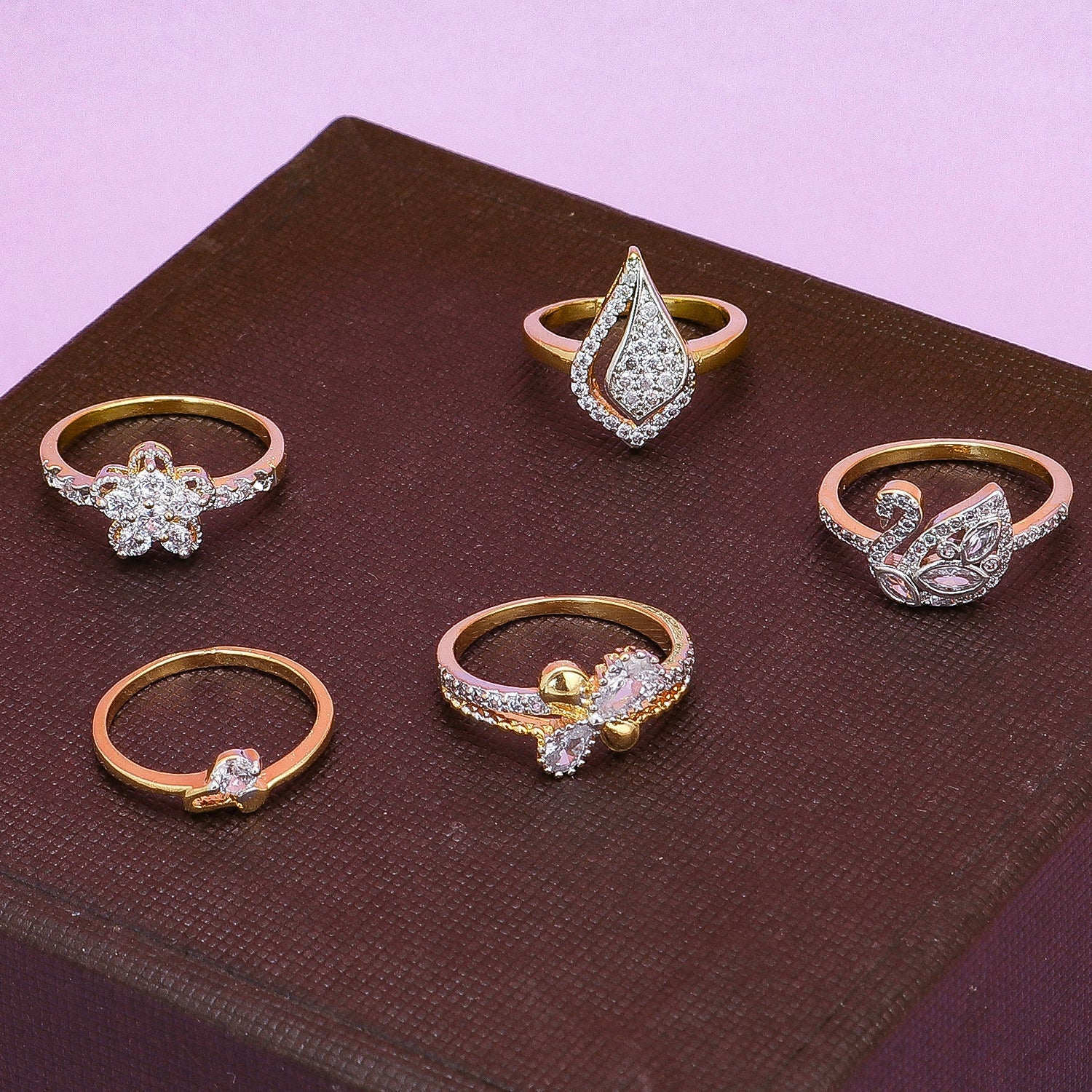 Sukkhi Attractive 5 Combo Gold Plated CZ Ring for Women