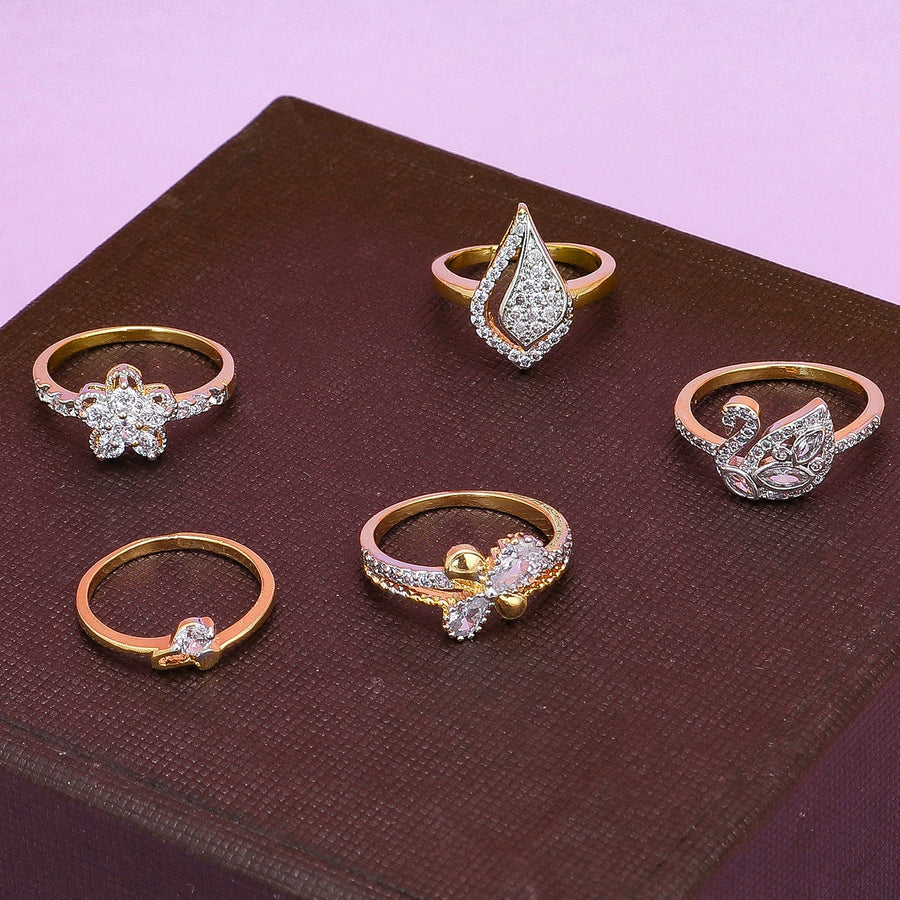 Sukkhi Attractive 5 Combo Gold Plated CZ Ring for Women