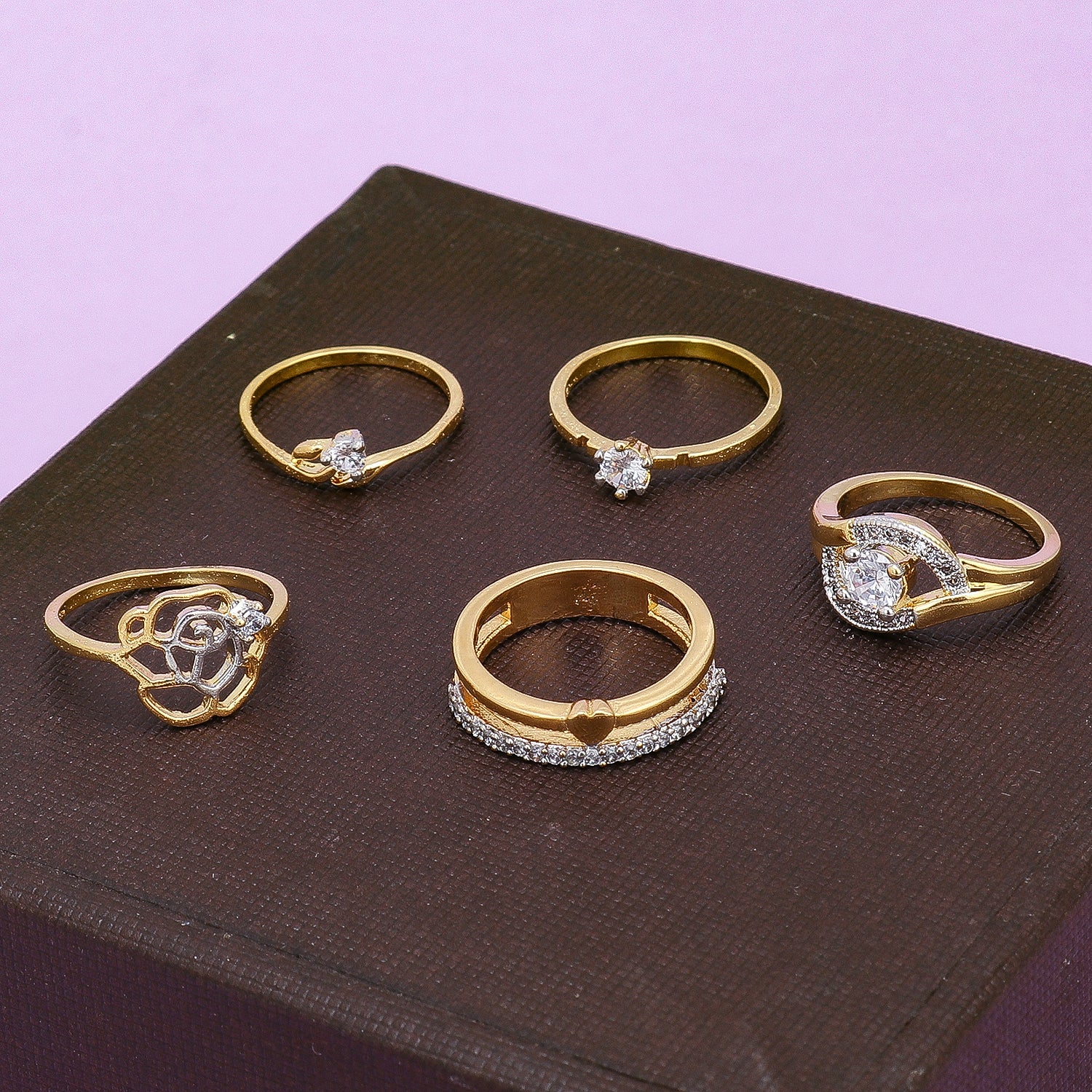 Sukkhi Sparkling 5 Combo Gold Plated CZ Ring for Women