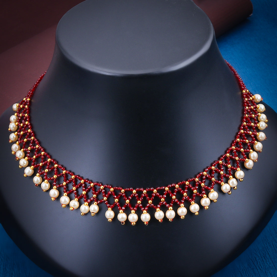 Sukkhi Tiny Elegant Gold Plated Maroon Pearl Choker Necklace for