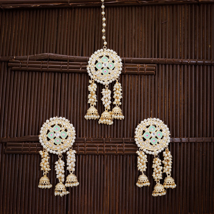 Sukkhi Brilliant Kundan Gold Plated Pearl Drop Jhumki Earring Maangtikka For Women