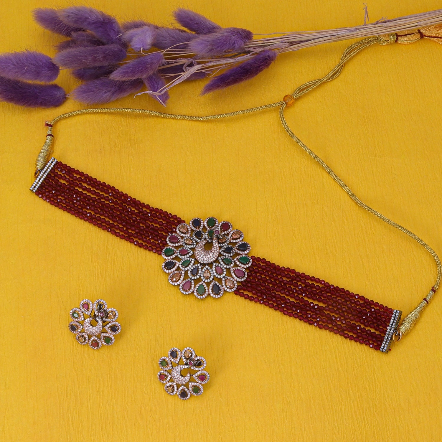 Sukkhi Peacock Multi Colour CZ Rose Gold Necklace Set for Women