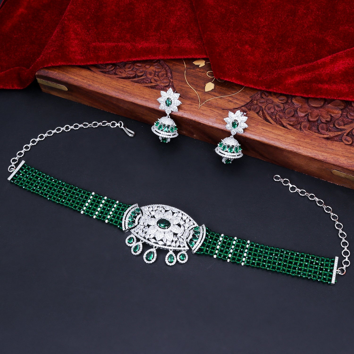 Sukkhi Glamorous Green CZ Rhodium Plated Necklace Set for Women
