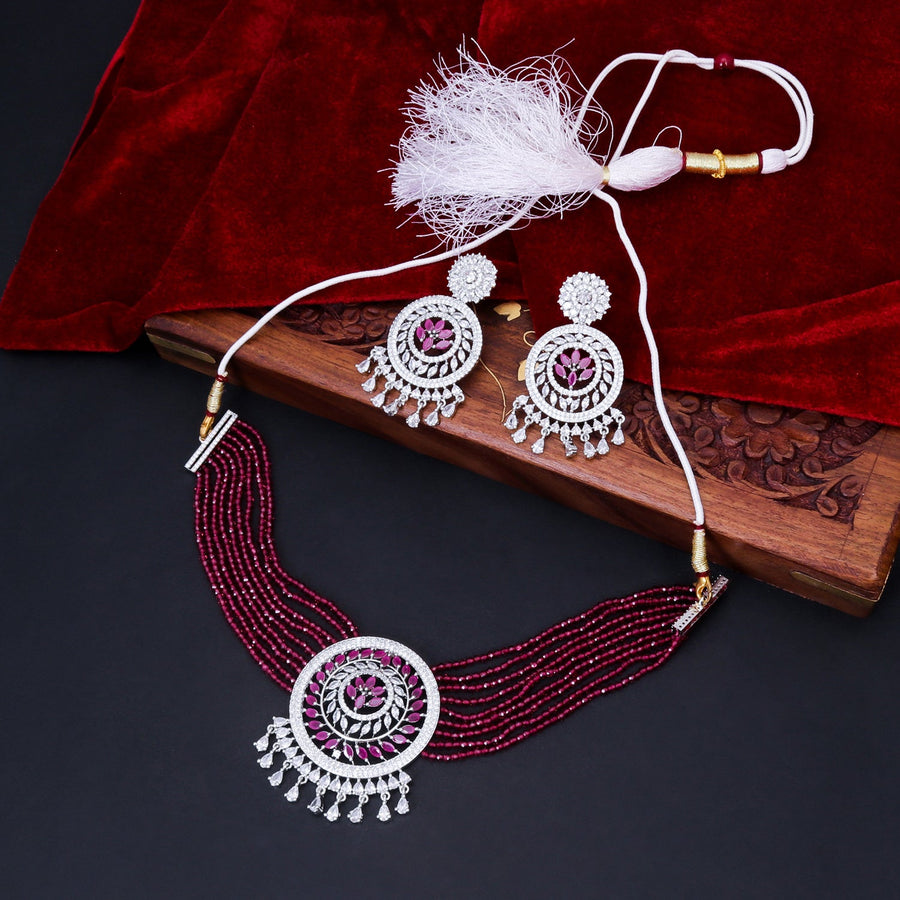 Sukkhi Luxurious Maroon CZ Rhodium Plated Necklace Set for Women