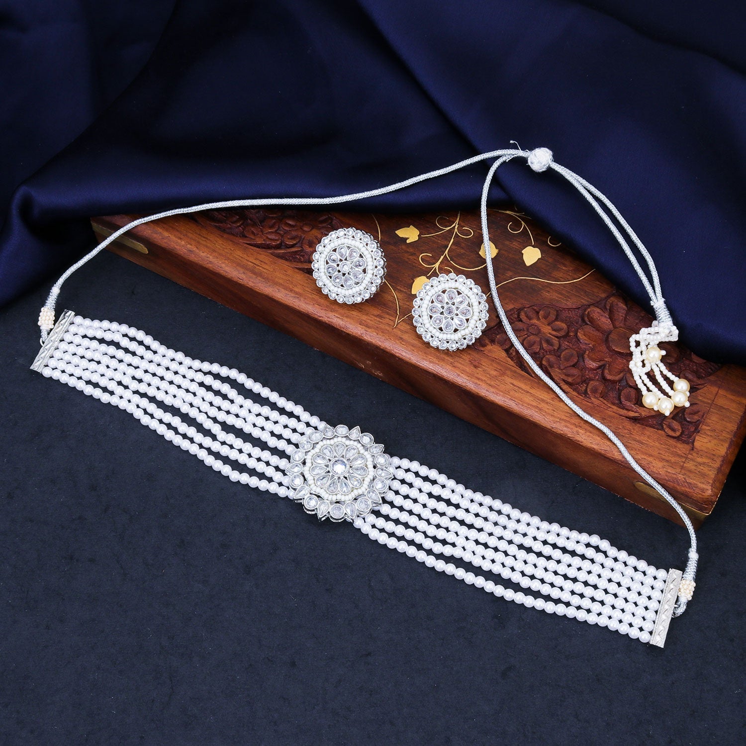 Sukkhi Glistening White Choker AD Pearl Rhodium Plated Necklace Set for Women