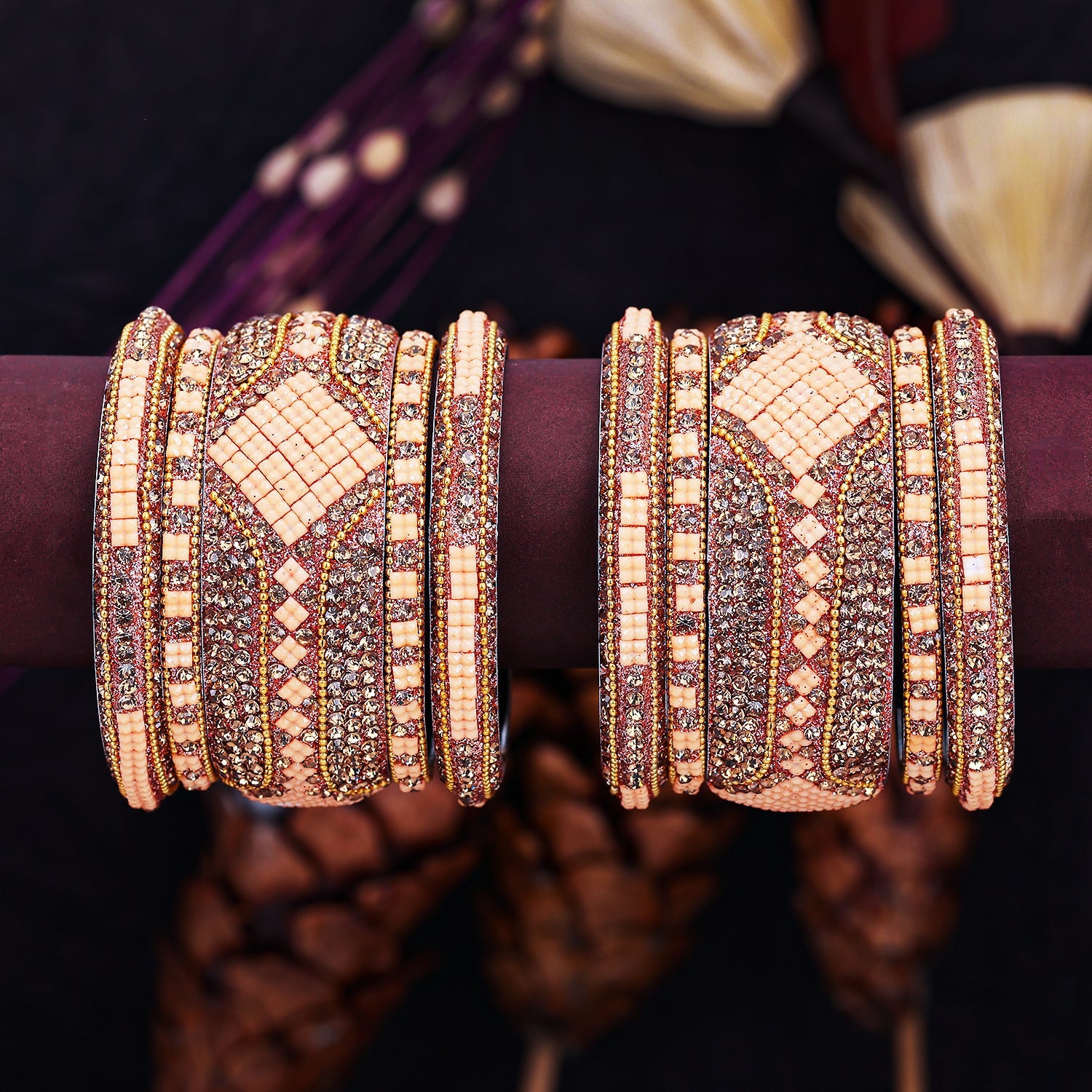 Sukkhi Stimulating Peach Gold Plated Bangle Set for Bride & Women