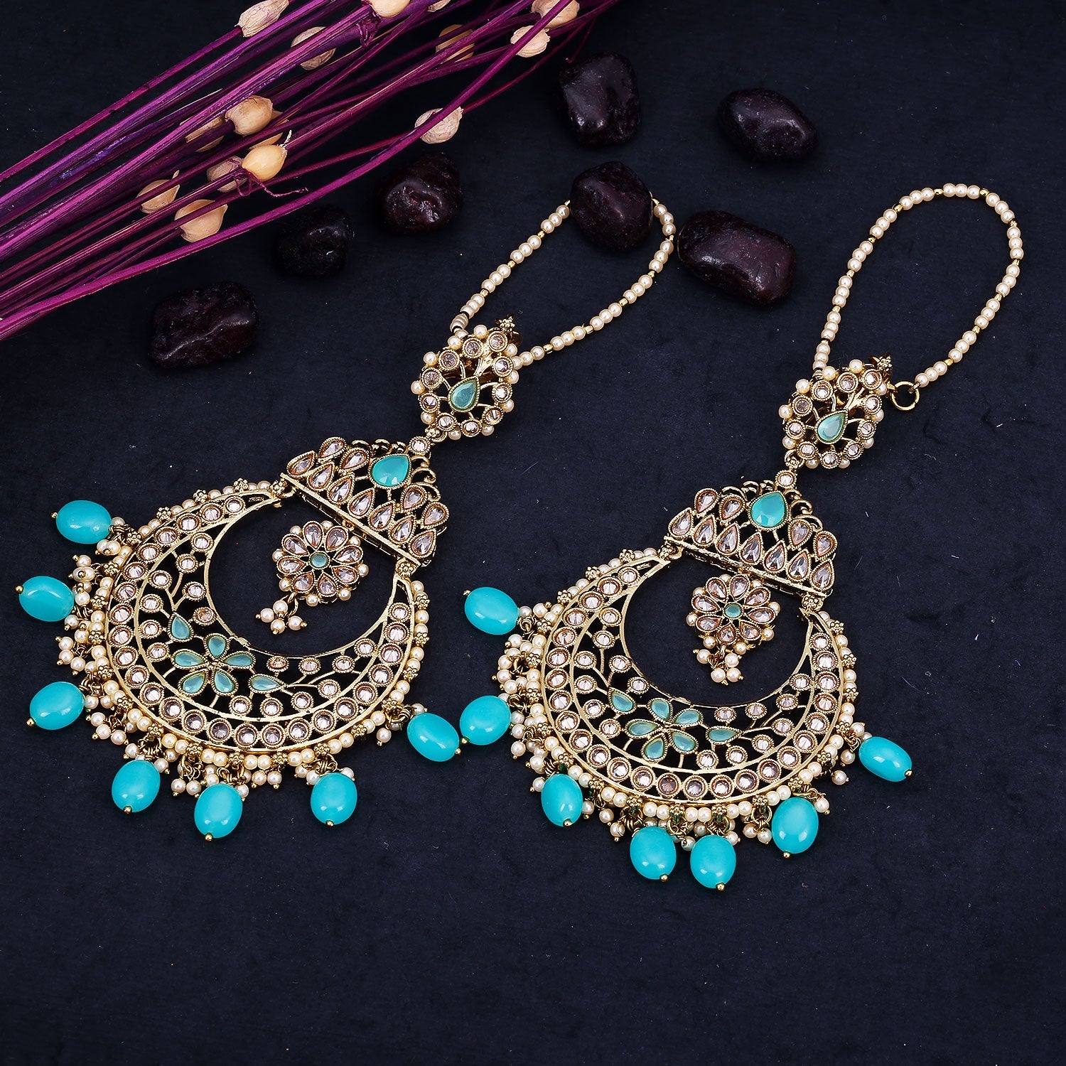 Sukkhi Astonish Aqua Reverse AD & Pearl Gold Plated Dangle Earring for Women