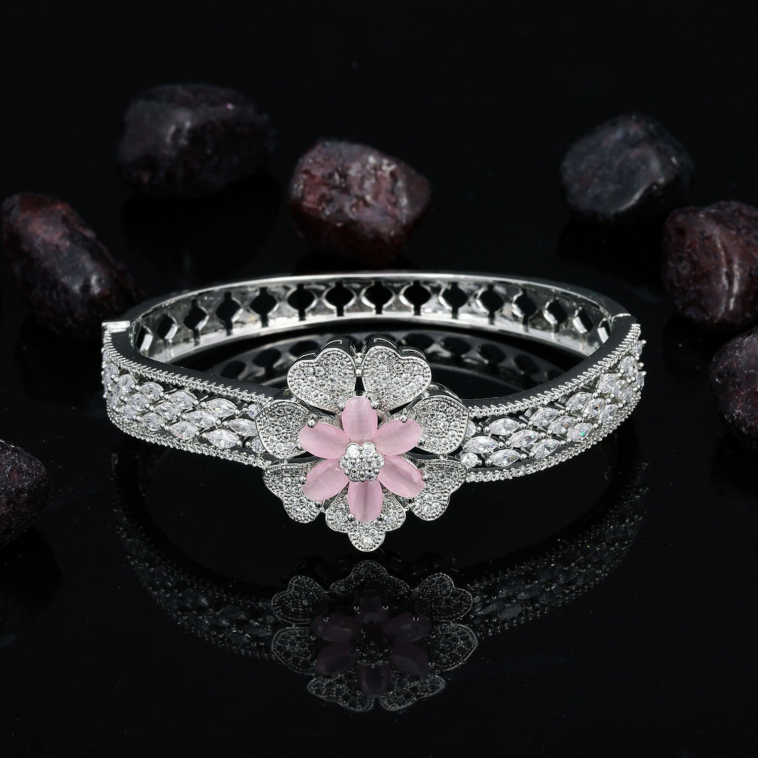 Sukkhi Equisite Pink CZ Rhodium Plated Kada for Women