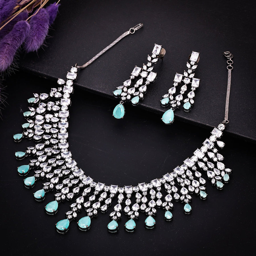 Sukkhi Modish CZ Choker Green Rhodium Plated Necklace Set For Women