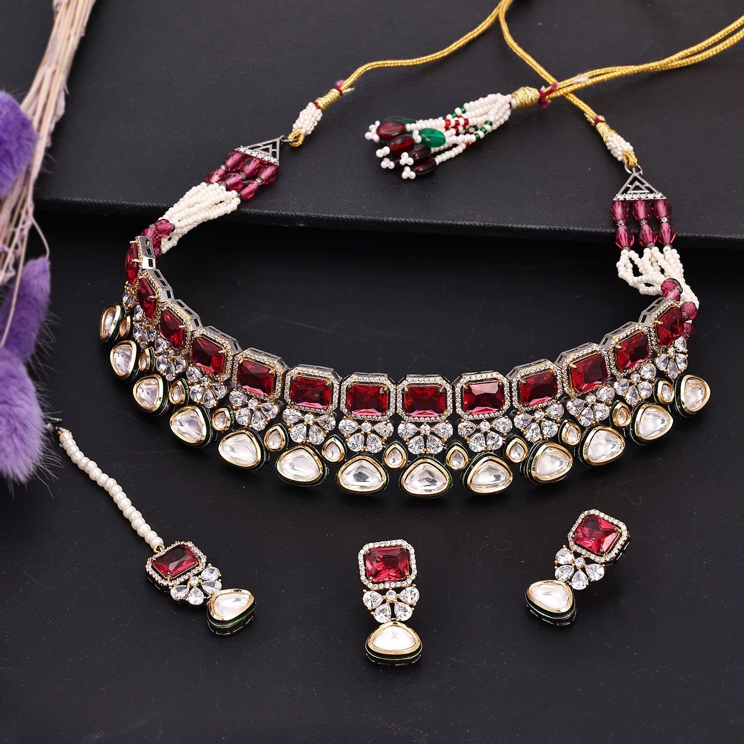 Sukkhi Excellent Kundan & CZ Choker Ruby Gold Plated Necklace Set For Women