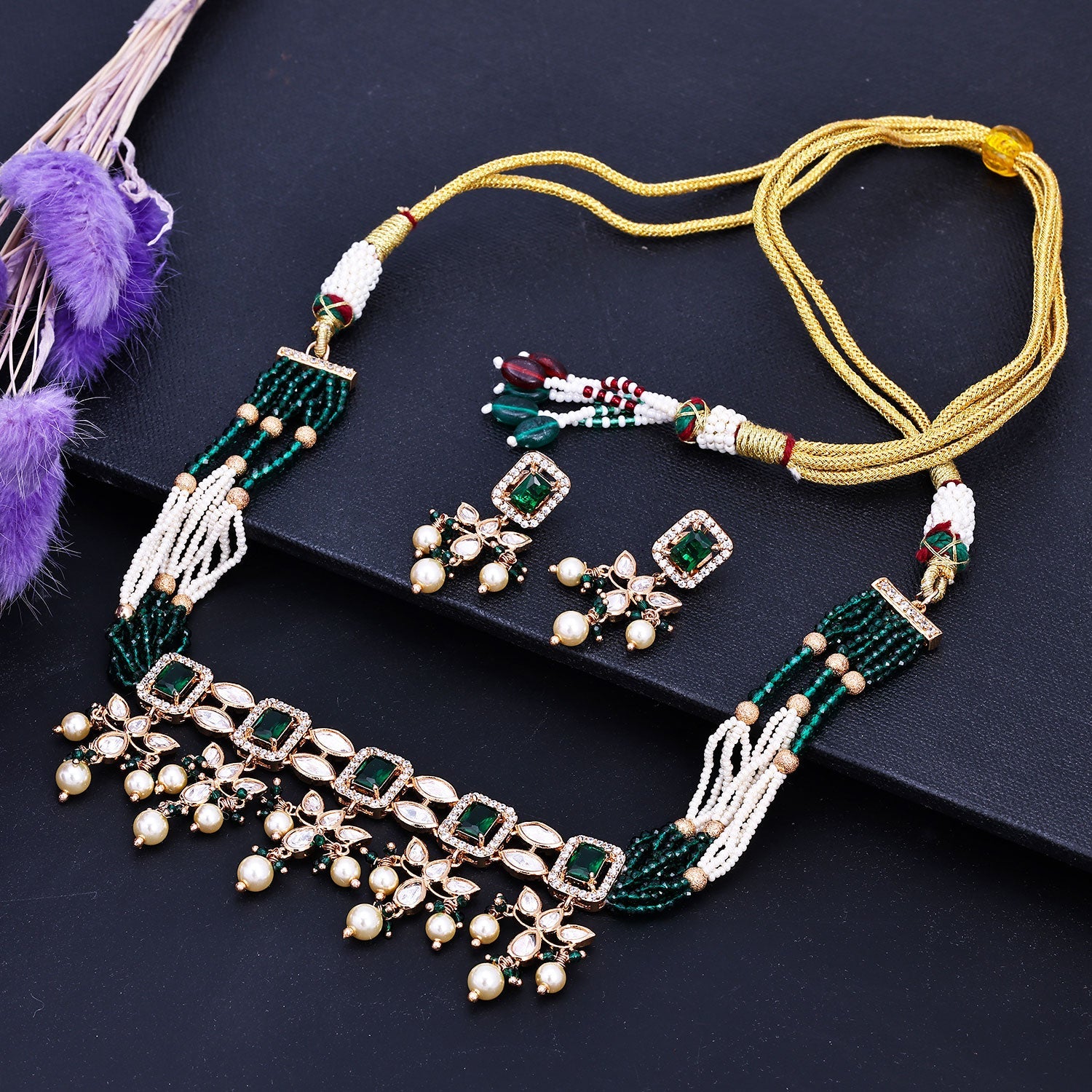Sukkhi Eye Catching Kundan & CZ Choker Green Gold Plated Necklace Set For Women