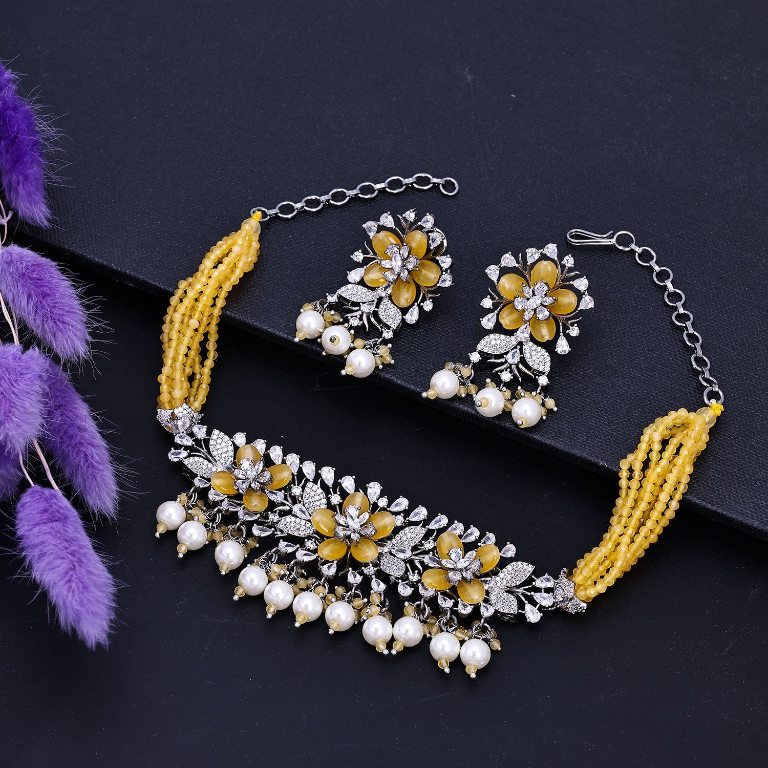 Sukkhi Pleasing CZ & Pearl Choker Yellow Rhodium Plated Necklace Set For Women