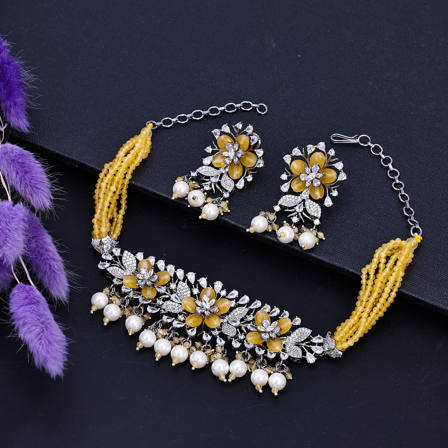 Sukkhi Pleasing CZ & Pearl Choker Yellow Rhodium Plated Necklace Set For Women