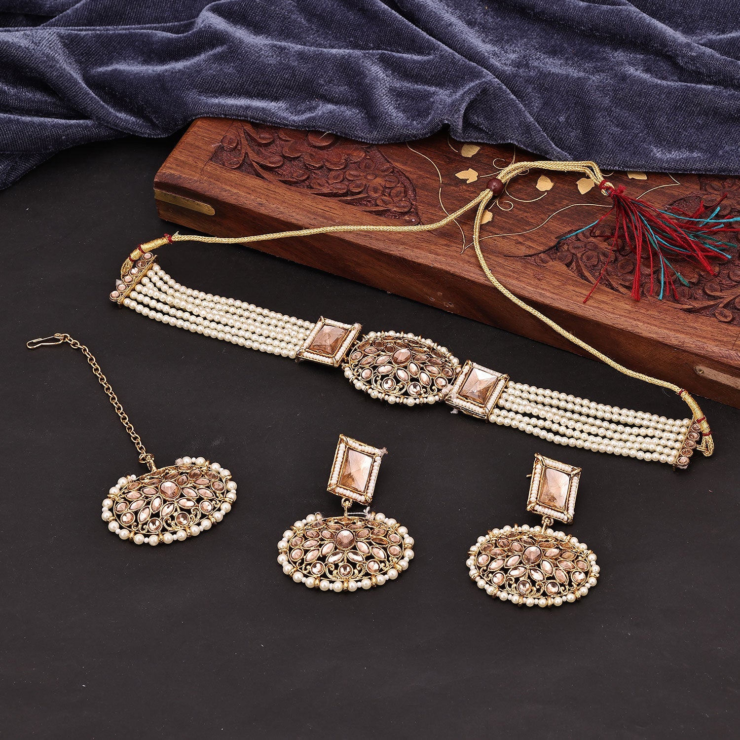 Sukkhi Delicate Reverse AD & Pearl Choker Gold Plated Golden Necklace Set For Women