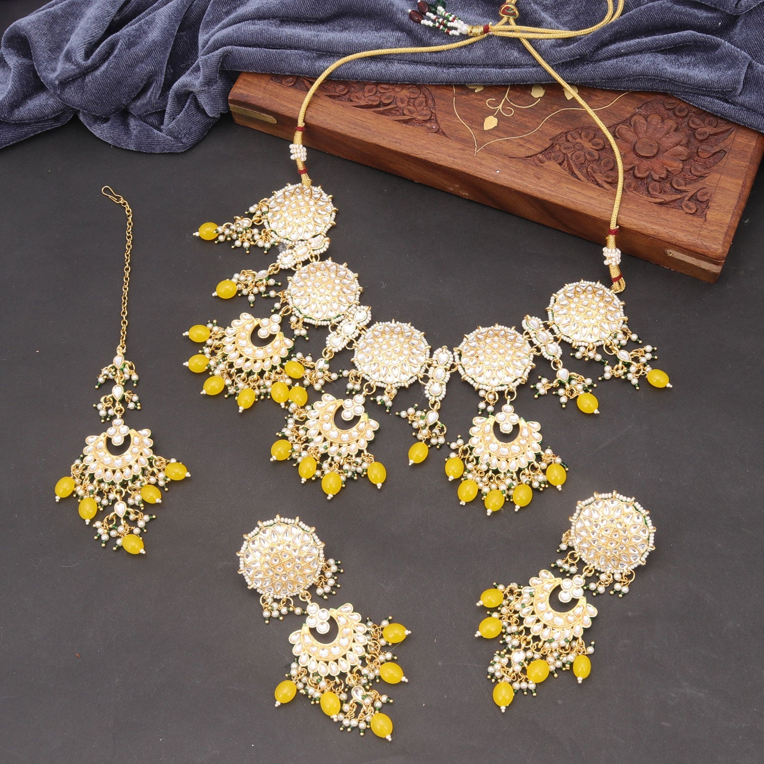 Shreeji Creation Oxidised Plated Yellow Meenakari Necklace Set With Ma