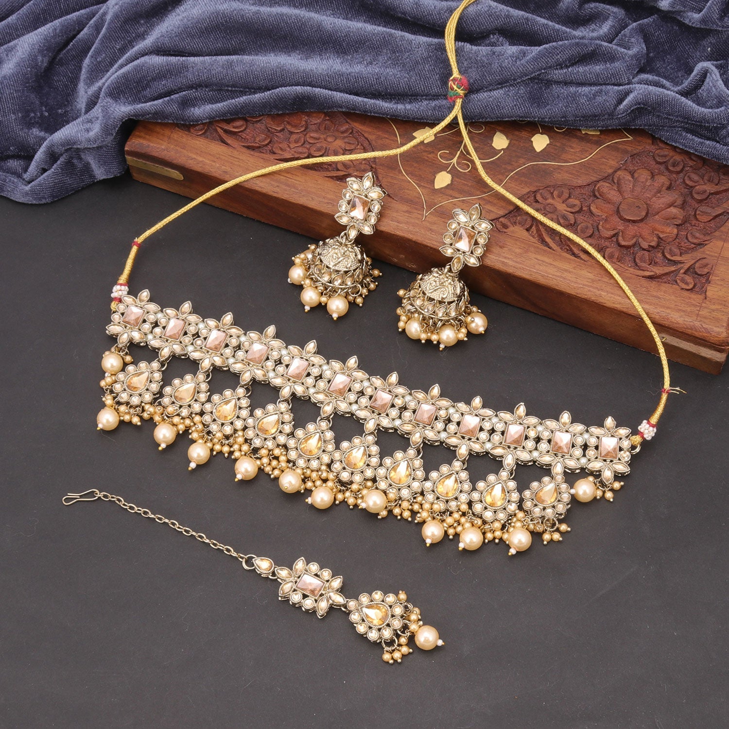 Sukkhi Lavish Reverse AD & Pearl Choker Gold Plated Golden Necklace Set For Women