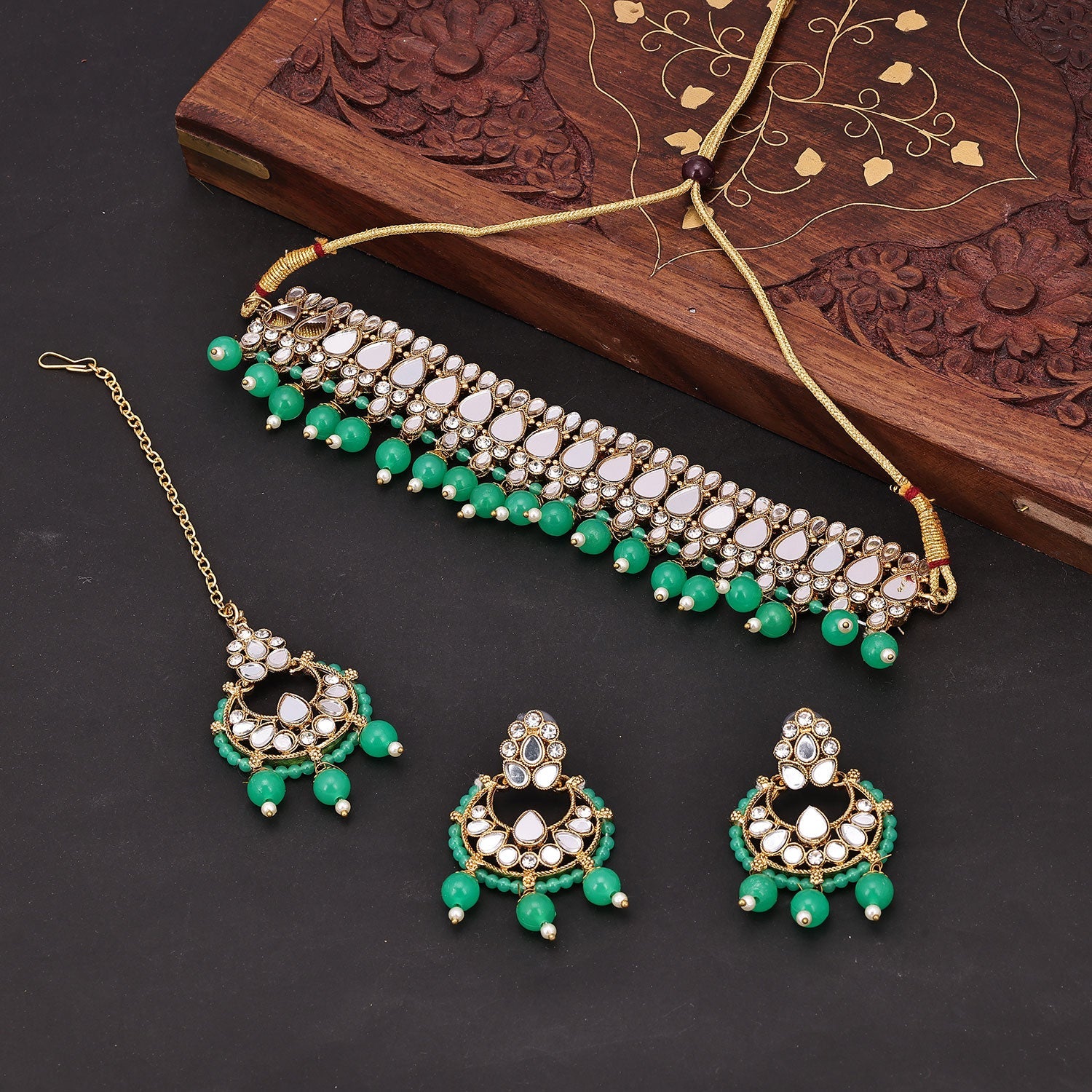 Sukkhi Modish Mirror & Pearl Choker Gold Plated Green Necklace Set For Women