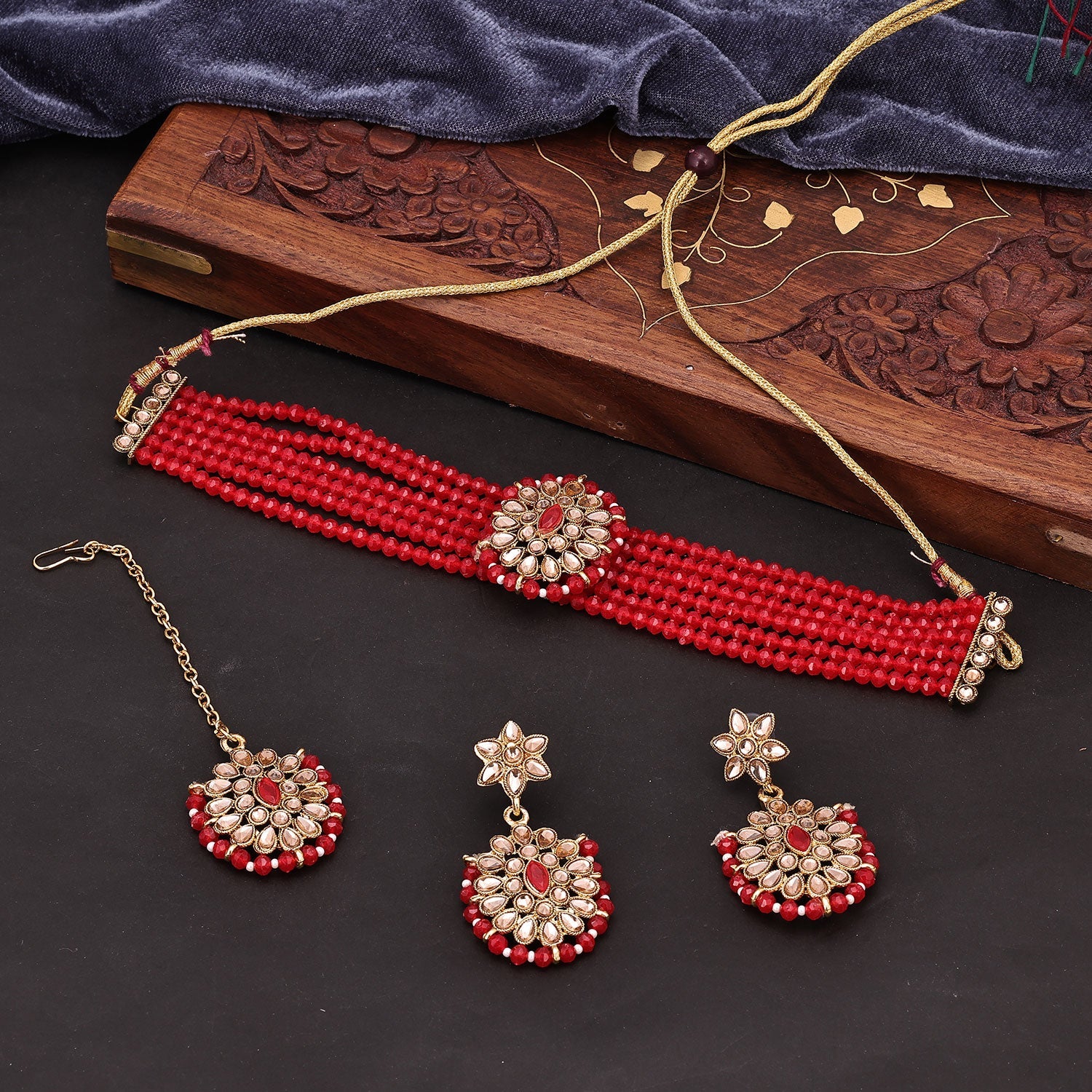 Sukkhi Stunning Reverse AD & Pearl Choker Gold Plated Red Necklace Set For Women