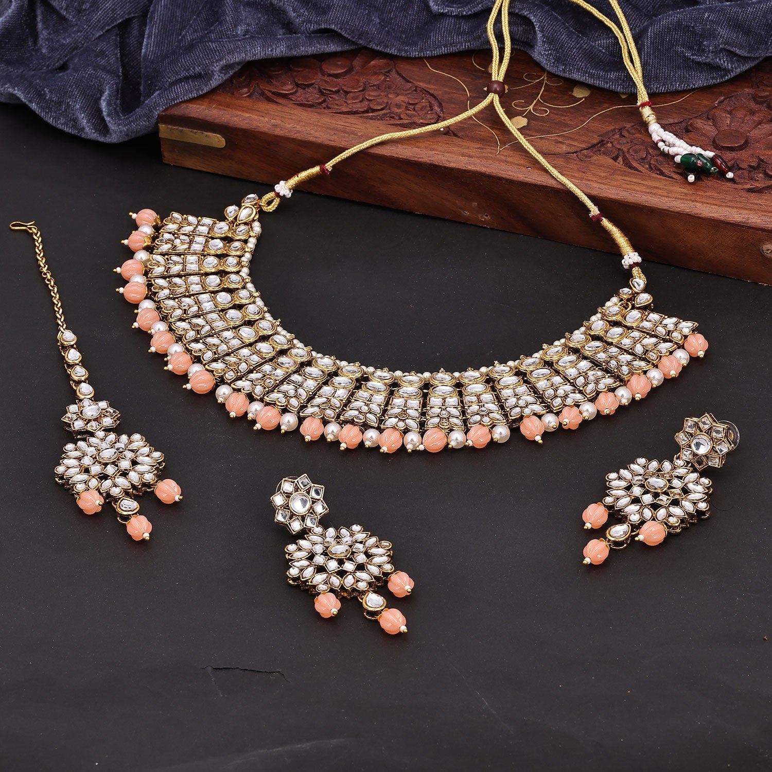 Sukkhi Intricately Choker Kundan & Pearl Peach Gold Plated Necklace Set For Women