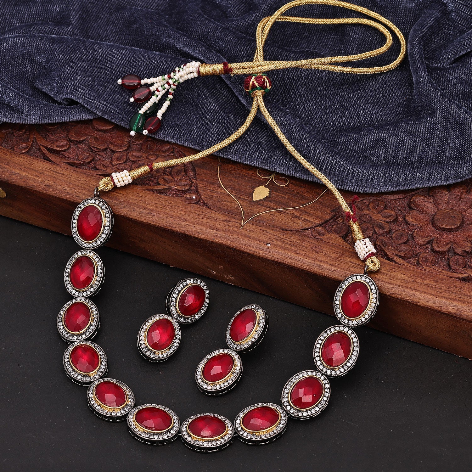 Sukkhi Marvellous Choker AD & Pearl Maroon Rhodium Plated Necklace Set For Women