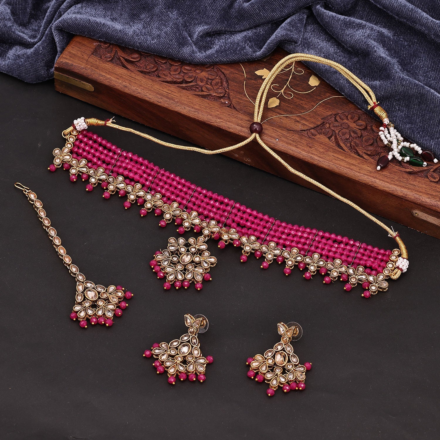 Sukkhi Classic Choker Reverse AD & Pearl Pink Gold Plated Necklace Set For Women