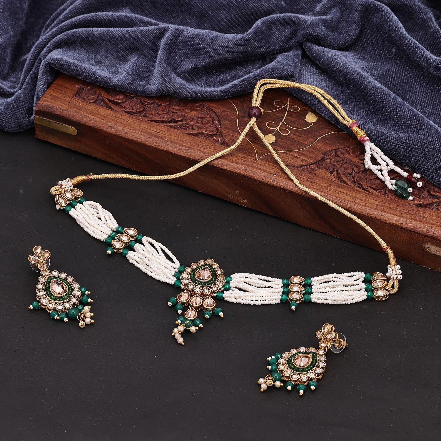 Sukkhi Delightly Choker Reverse AD & Pearl Green Gold Plated Necklace Set For Women